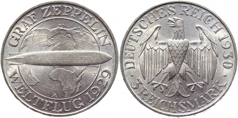 Germany - Weimar Republic 3 Reichsmark 1930 A
KM# 67; Silver 14,97g.; Graf Zepp...