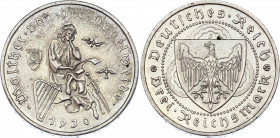 Germany - Weimar Republic 3 Reichsmark 1930 J
KM# 69; Silver; 700th Anniversary - Death of Von Der Vogelweide; UNC with minor hairlines