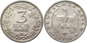 Germany - Weimar Republic 3 Reichsmark 1931 F Rare
KM# 74; Silver 14,94g.; XF-AUNC