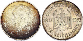 Germany - Weimar Republic 3 Reichsmark 1932 E
KM# 76; Silver; Centenary - Death of Goethe; aUNC with Nice Toning!