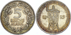 Germany - Weimar Republic 5 Reichsmark 1925 J
KM# 47; Silver; 1000th Year of the Rhineland; XF+/aUNC- with Nice Golden Toning!