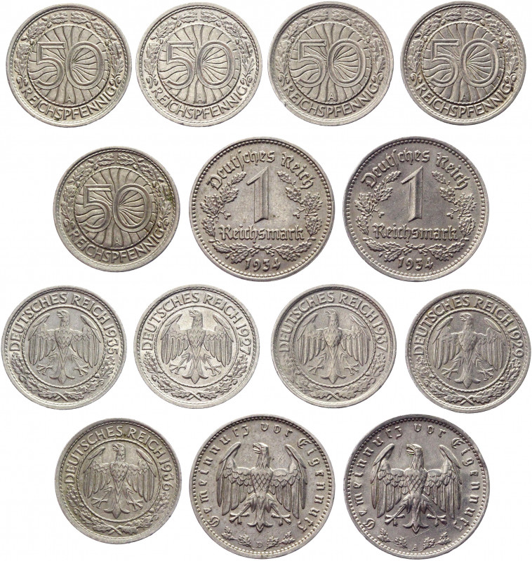 Germany - Weimar Republic & Third Reich Lot of 7 Coins 1927 - 1937
5 x 50 Reich...