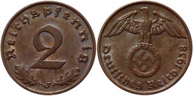 Germany - Third Reich 2 Pfennig 1938 J
KM# 90; Bronze 3.27g.; UNC