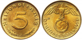 Germany - Third Reich 5 Pfennig 1938 A
KM# 89; Bronze 2.51g.; UNC