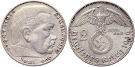 Germany - Third Reich 2 Reichsmark 1936 E
KM# 93; J# 366; Silver 8,00g.; Swastika-Hindenburg Issue; XF