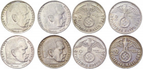 Germany - Third Reich 2 Reichsmark Lot 1936 D-E-G-J Rare
KM# 93; Silver; Swastika-Hindenburg Issue; XF-UNC