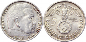 Germany - Third Reich 5 Reichsmark 1939 J
KM# 94; J# 367; Silver 13,96g.; Swastika-Hindenburg Issue; AUNC