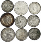 Germany - Third Reich Lot of 9 Silver Coins 1934 - 1939
2 & 5 Reichsmark 1934 - 1939; Silver; Various Mintmarks; Paul von Hindenburg