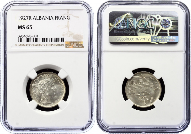 Albania Frang Ar 1927 R NGC MS65
KM# 6; Silver 5,00g.; UNC, Very Rare coin in t...