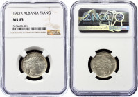 Albania Frang Ar 1927 R NGC MS65
KM# 6; Silver 5,00g.; UNC, Very Rare coin in this grade!