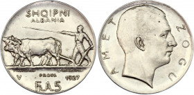 Albania 5 Franga Ari 1927 Collectors Copy
KM# 8.1; Silver 24,61g.; Zog I; UNC