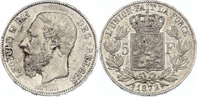 Belgium 5 Francs 1872
KM# 24; Silver; Leopold II; XF-
