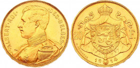 Belgium 20 Francs 1914
KM# 78; Gold (.900) 6,45g; Albert I; UNC
