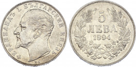 Bulgaria 5 Leva 1894
KM# 18; Silver; Ferdinand I; XF