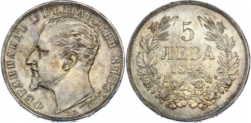 Bulgaria 5 Leva 1894
KM# 18; Silver; Ferdinand I; XF+