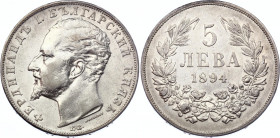 Bulgaria 5 Leva 1894
KM# 18; Silver; Ferdinand I; XF+