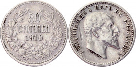 Bulgaria 50 Stotinki 1910
KM# 27; Silver 2,47g.; Ferdinand I; XF