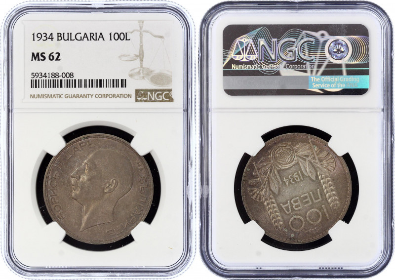 Bulgaria 100 Leva 1934 NGC MS62
KM# 45; Silver; Boris III; UNC with Nice Toning...