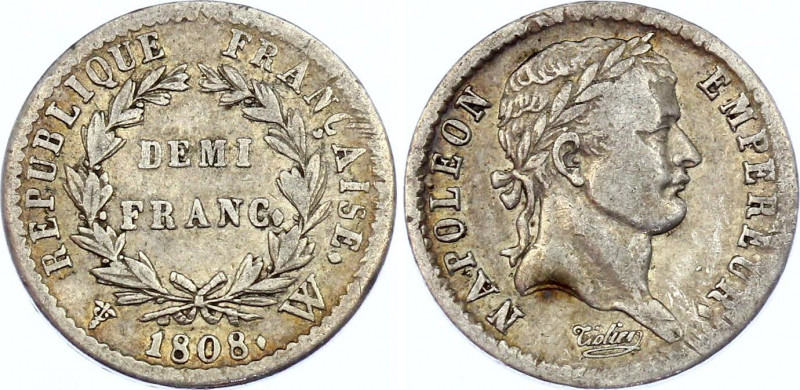 France 1/2 Franc 1808 W
KM# 680.14; Siver; Napoleon I