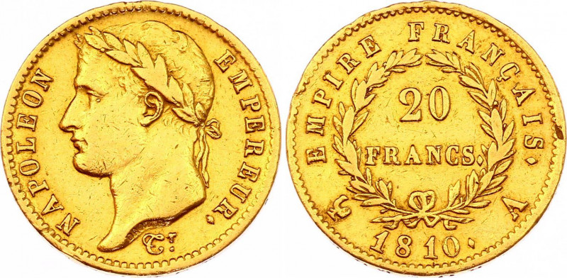 France 20 Francs 1810 A
KM# 695.1; Gold (.900) 6,45g.; Napoleon I; Mint: Paris;...