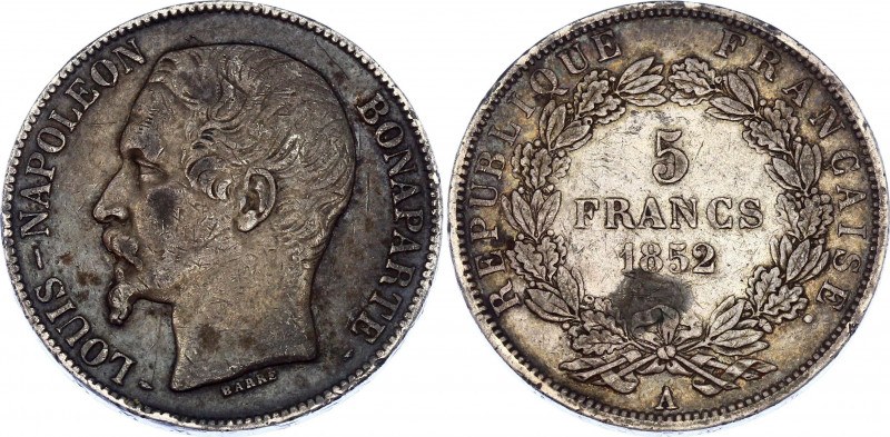 France 5 Francs 1852 A
KM# 773.1; Silver; Second Republic; Mint: Paris; VF-XF