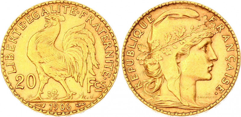 France 20 Francs 1906
KM# 847; Gold (.900) 6.45g 21mm; Marianne Rooster