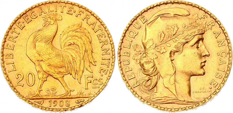 France 20 Francs 1908
KM# 857; Gold (.900) 6.45g 21mm; Marianne Rooster