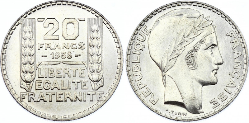 France 20 Francs 1938
KM# 879; Silver; UNC with Fill Mint Luster!