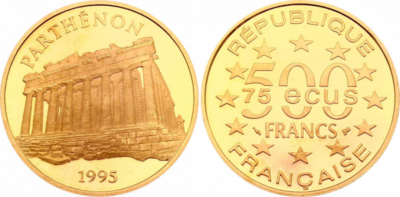 France 500 Francs - 75 Ecus 1995
KM# 1115; Gold (.920) 17,00g.; The Parthenon, ...