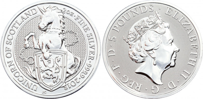 Great Britain 5 Pounds 2018
Silver (.999) 62.42g 38.61mm; The Queen's Beasts - ...