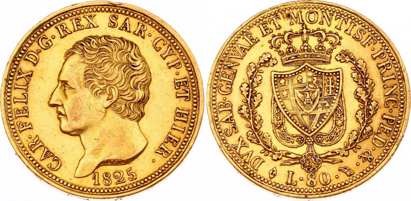 Italian States Sardinia 80 Lire 1825 A.LAVY//L
KM# 123.1; Gold (.900) 25,80g.; ...