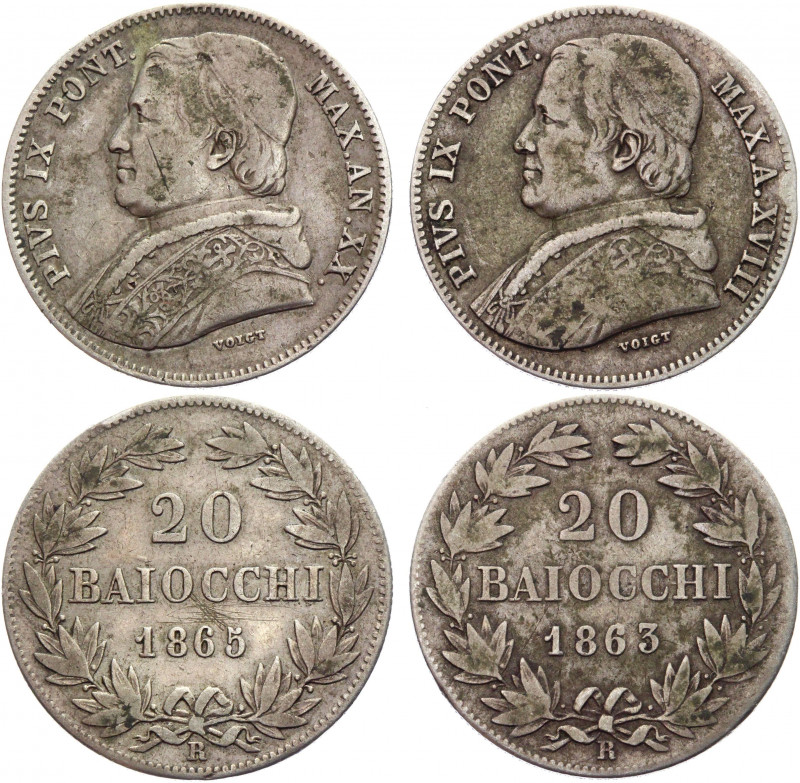 Italian States Vatican 2 x 20 Baiocchi 1863 - 1865 R
KM# 1360; Silver; Pius IX;...