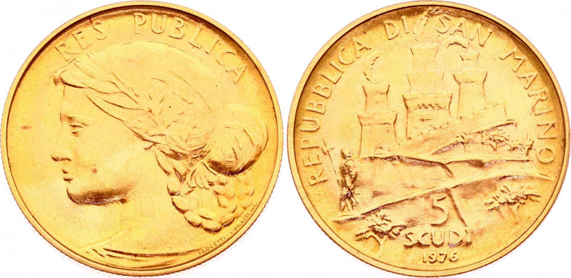 San Marino 5 Scudi 1976
KM# 62; Gold (.917) 15,00g.; Mintage: 8,000; UNC