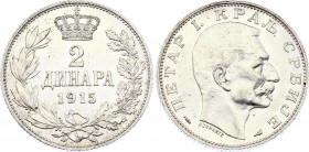 Serbia 2 Dinara 1915
KM# 26; Silver; Petar I; XF+