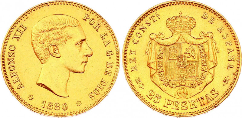 Spain 25 Pesetas 1880 MS M
KM# 673; Gold (.900) 8,06g; Alfonso XII; UNC