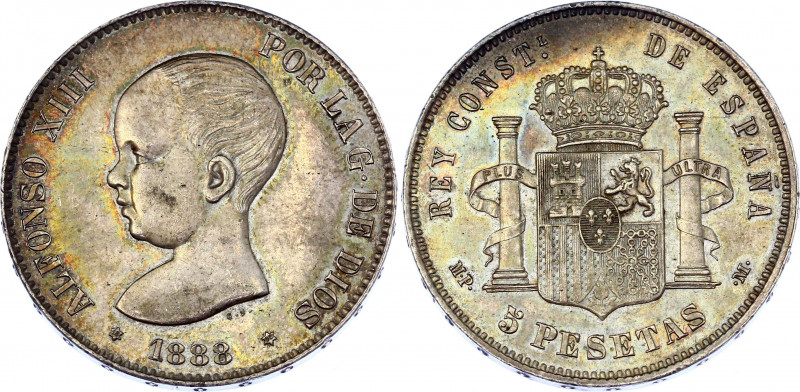 Spain 5 Pesetas 1888 (88) MP M
KM# 689; Silver; Alfonso XIII; UNC