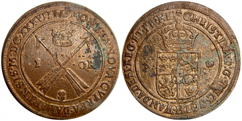 Sweden 1 Ore 1638 R
Alstrem# 105A R; Copper 46,2g.