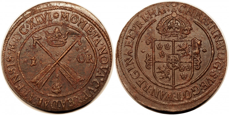 Sweden 1 Ore 1646
KM# 162.2; Copper 53,5g.; Kristina I; Mint: Avesta; AUNC