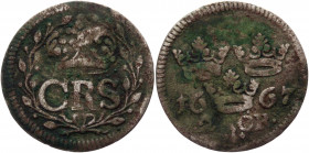 Sweden 2 Ore 1667
KM# 241.1; AAH# 212; Silver 1,44g.; Carl XI (1660-1697); Mint: Stockholm; F-VF