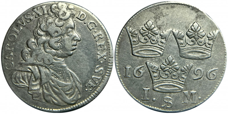 Sweden 1 Marka 1696 AS
Alstrem# 181; Silver 5,1g.; Karl XI 1660-1697