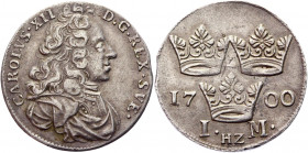 Sweden Mark / 8 Ore 1700 HZ
KM# 313; SM# 79; Silver 5,09g.; Carl XII (1697-1718); VF-XF