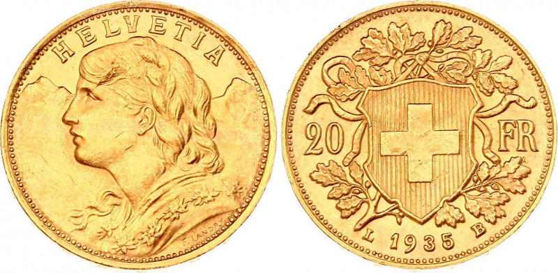 Switzerland 20 Francs 1935 LB
KM# 35.1; Gold (.900) 6.45g 21mm; "Vreneli"; UNC