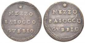 GUBBIO
Prima Repubblica Romana, 1798-1799.
Mezzo Baiocco.
Æ gr. 3,87
Dr. MEZZO / BAIOCCO / GVBBIO. Iscrizione su tre righe.
Rv. MEZZO / BAIOCCO /...