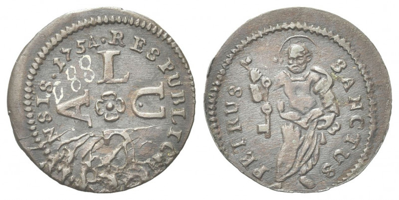 LUCCA
Repubblica, 1369-1400.
Duetto 1754.
Mi gr. 1,88
Dr. RES PVBLICA - LVCE...