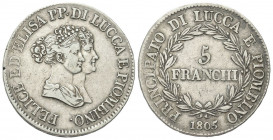 LUCCA E PIOMBINO
Felice e Elisa Baciocchi, 1805-1814.
5 Franchi 1805, busti piccoli.
Ag gr. 24,79
Dr. Busti accollati a d.
Rv. Valore entro coron...
