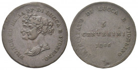 LUCCA E PIOMBINO
Felice e Elisa Baciocchi, 1805-1814.
5 Centesimi 1806.
Æ gr. 11,28
Dr. Busti accollati a s.
Rv. Valore e data.
Pag. 259; Gig. 1...