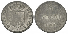 LUCCA
Carlo Ludovico di Borbone, 1824-1847.
5 Soldi 1833.
Mi gr. 2,69
Dr. Stemma coronato.
Rv. Valore e data.
Pag. 267a; Gig. 7a.
BB