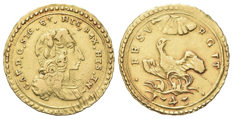 SICILIA
Carlo di Borbone, 1734-1759.
Oncia d’oro 1743.
Au gr. 4,35
Dr. CAR D...