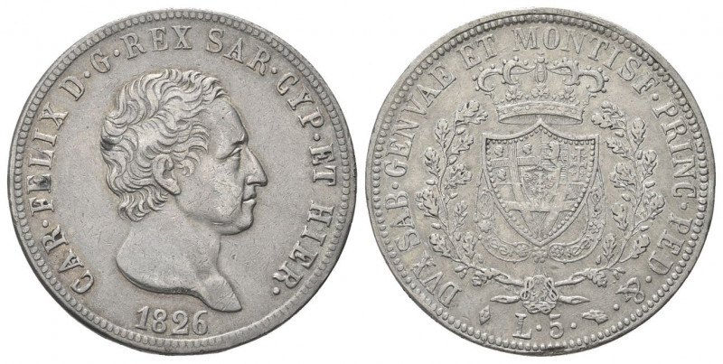 REGNO DI SARDEGNA
Carlo Felice, 1821-1831.
5 Lire 1826 Torino.
Ag
Dr. Testa ...