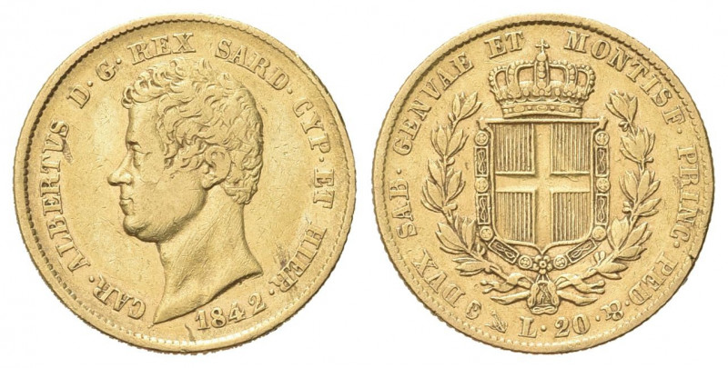 REGNO DI SARDEGNA
Carlo Alberto, 1831-1849.
20 Lire 1842 Genova.
Au
Dr. Test...